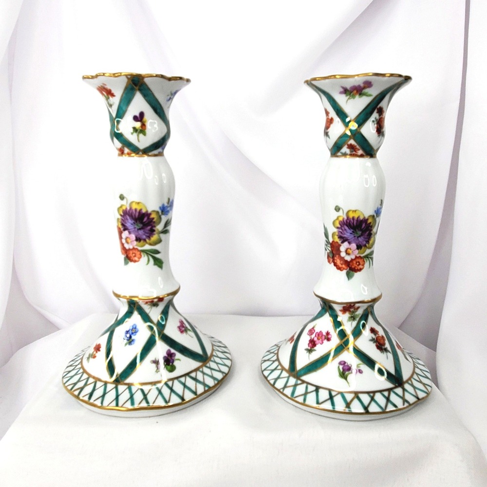 Elios Hand Painted Porcelain Candlesticks Floral Green Lattice Gold Trim Set 2